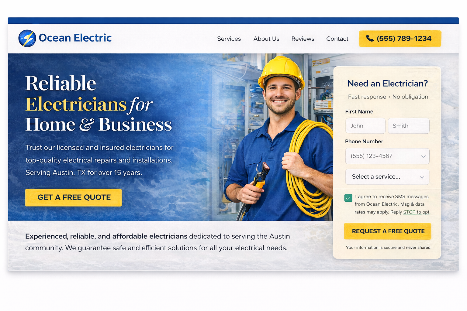 Example electrician business website built by Blue Caller Solutions
